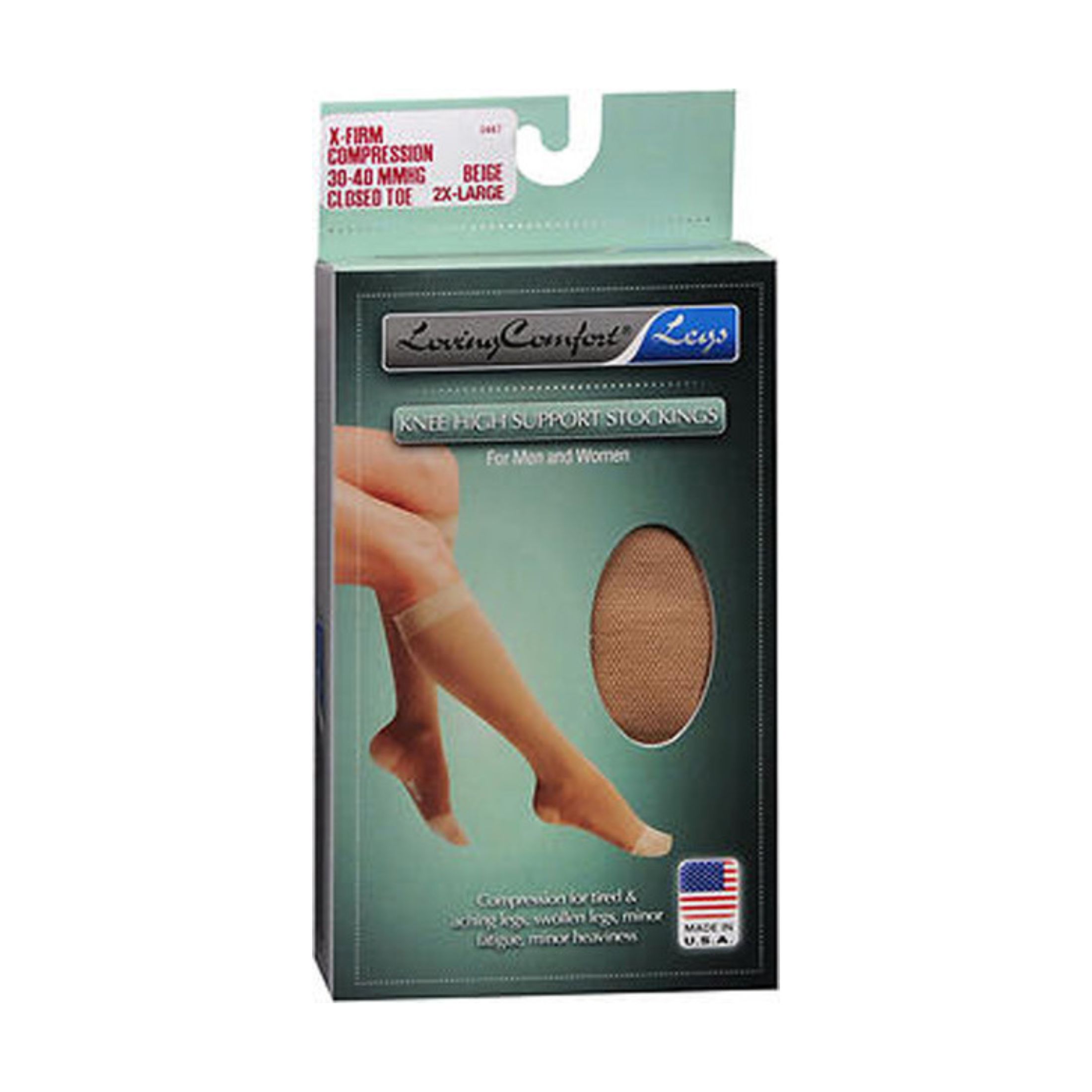 Loving Comfort Knee High Support Stocking X-Firm 30-40 MMHG Beige 2XL Closed Toe - 1 Pair