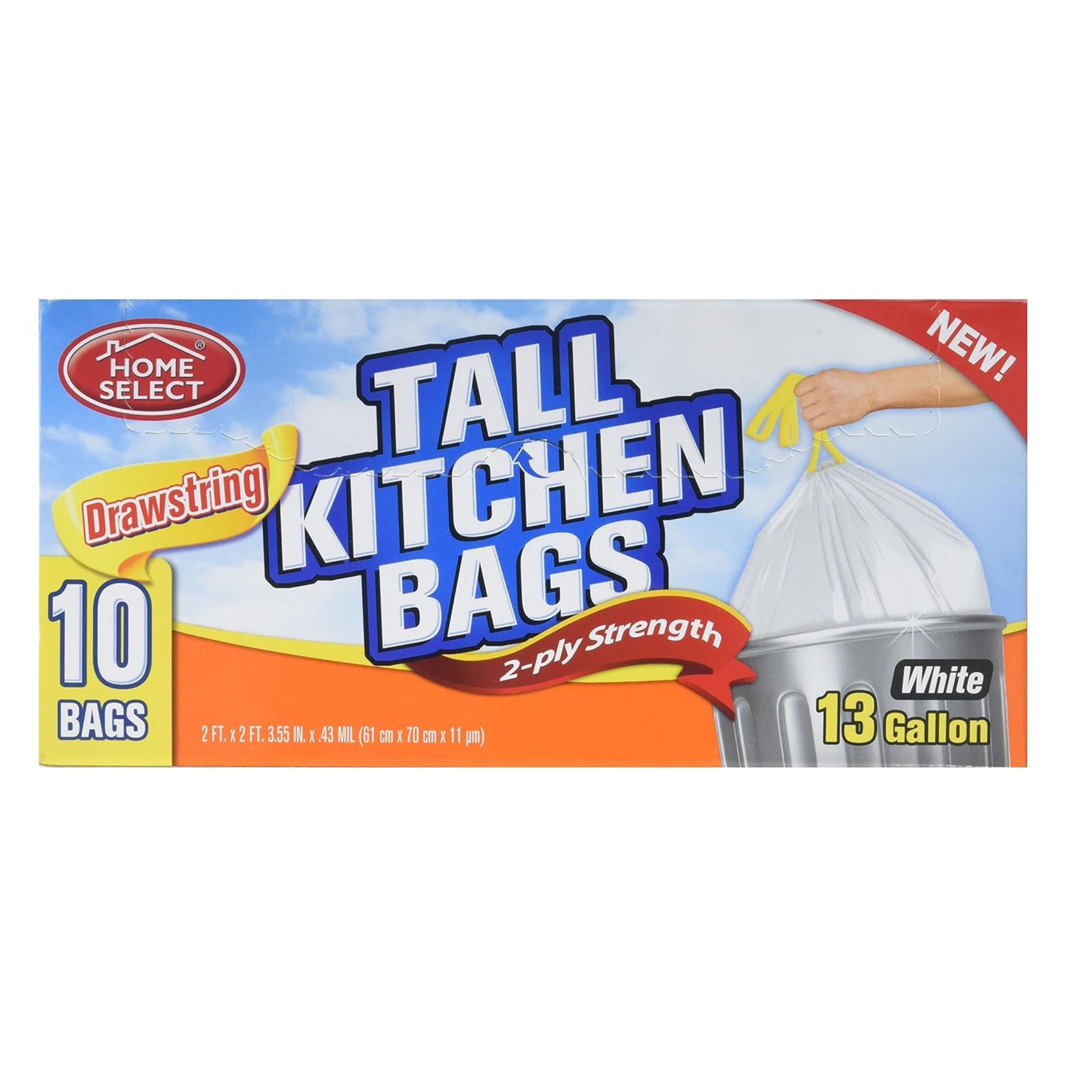 Home Select Tall Kitchen Bags, Drawstring, 2-Ply Strength, 13 Gallon, White