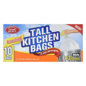 Home Select Tall Kitchen Bags, Drawstring, 2-Ply Strength, 13 Gallon, White