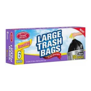 Home Select Trash Bags, 2 Ply Strength, Drawstring, Black, Large, 30 Gallon