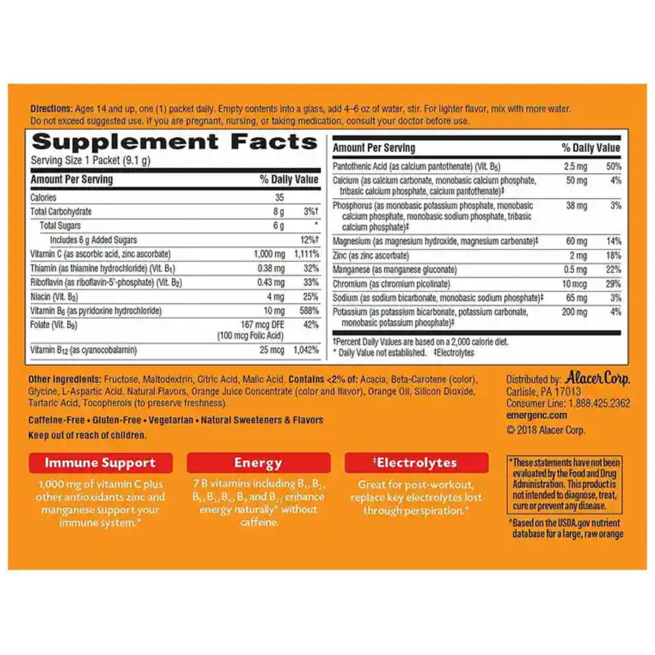 Emer'gen-C 1000 Mg Vitamin Fizzy Drink Mix, Super Orange - 30 Packets