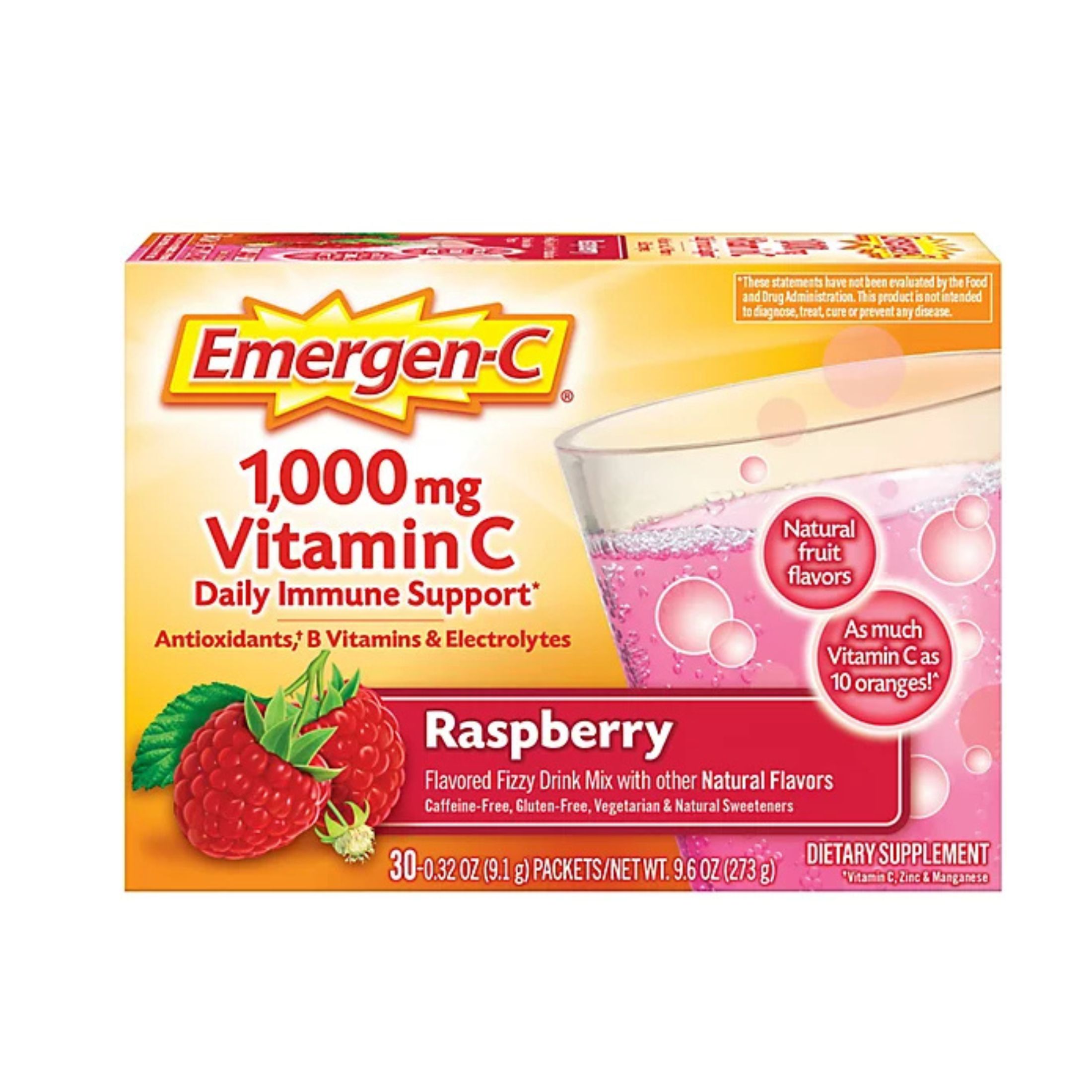 Emergen-C Vitamin Fizzy Drink Mix 1000 Mg, Raspberry Supplement - 30 Packets/Pack