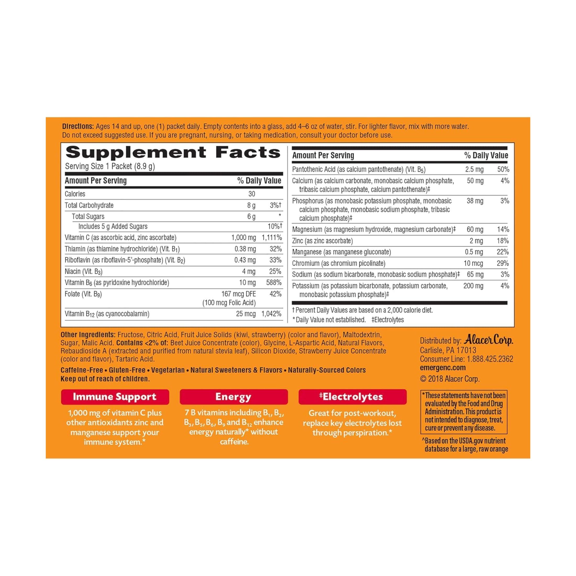 Emergen-C Vitamin Fizzy Drink Mix 1000 Mg, Raspberry Supplement - 30 Packets/Pack