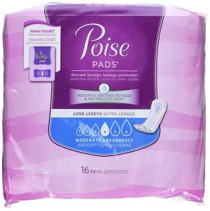 Poise Incontinence Pads, Moderate Absorbency, Long – 3-in-1 Protection For Bladder Leaks, Comfort