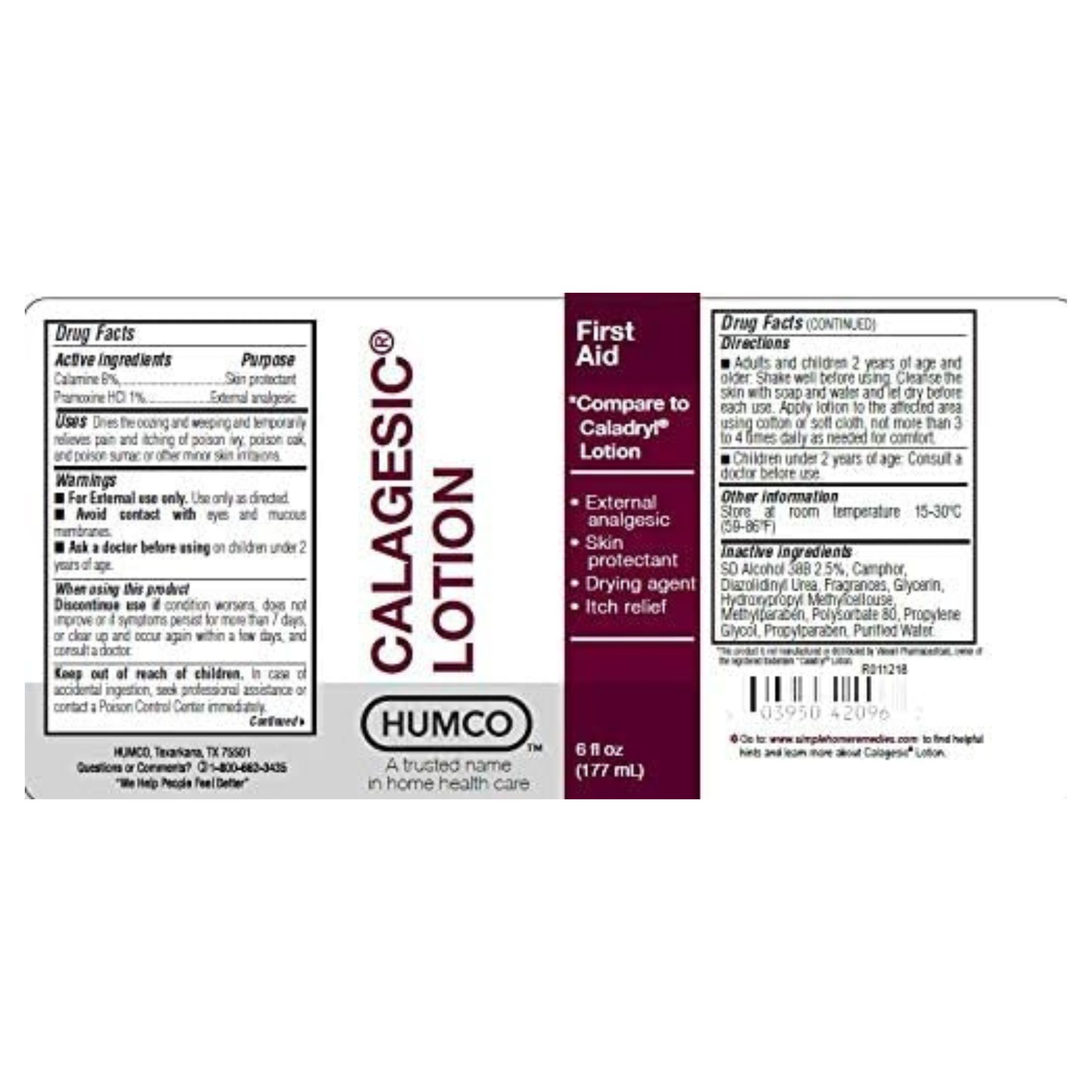 Humco Calagesic Lotion External Analgesic Skin Protectant Pain Itch Relief, 6 Oz