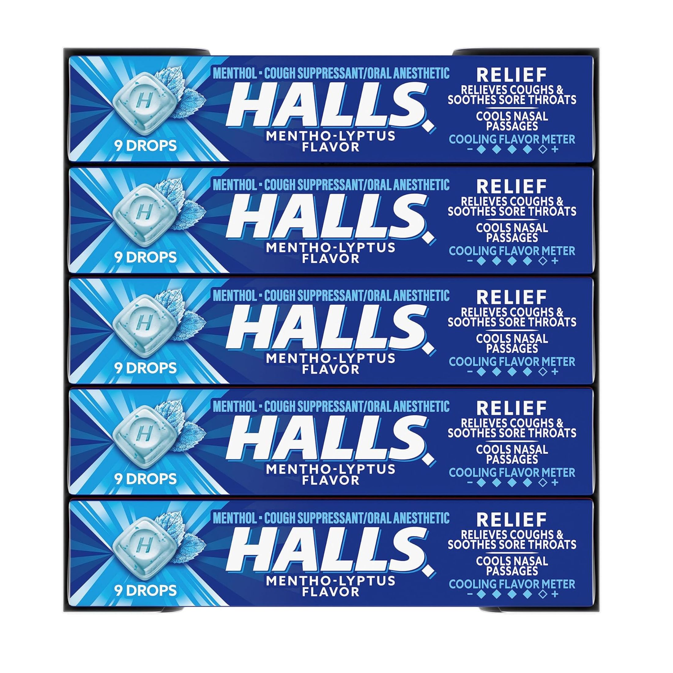 Halls Relief Ice Peppermint Flavor Cough Suppressant & Oral Anesthetic Drops 9 Ct Pack