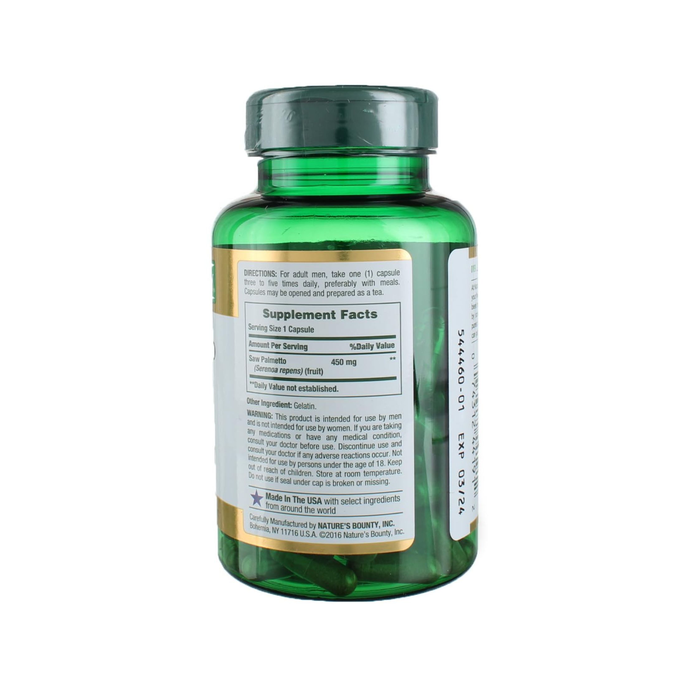 Nature's Bounty Saw Palmetto 450 Mg, Natural Whole Herb, 100 Capsules