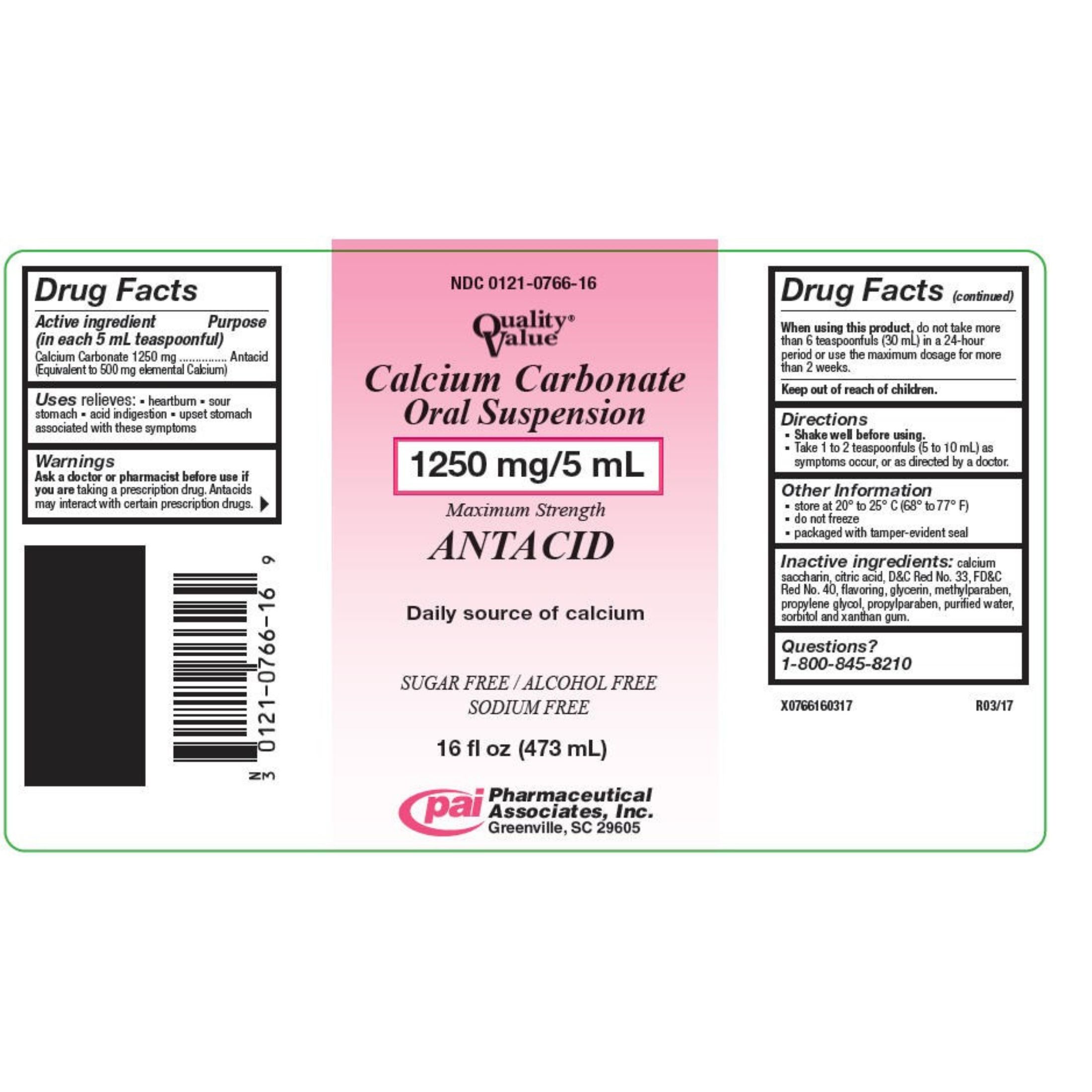 Pharmaceutical Assoc Inc Calcium Carbonate Oral Suspension 1250Mg/5 Ml - 16 Oz