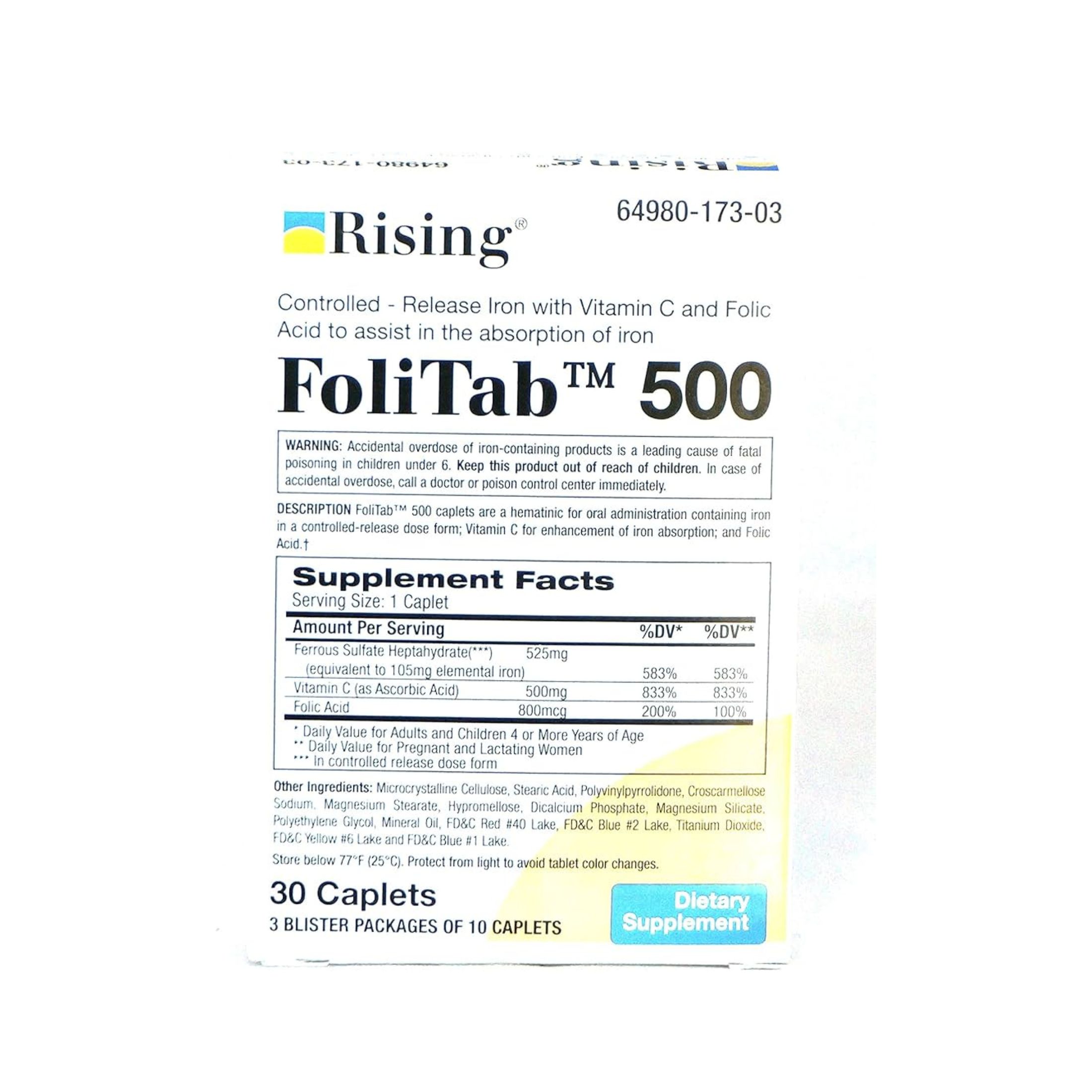 FoliTab 500 Controlled-Released Iron With VIT. C And Folic Acid, 30 caplets/Box