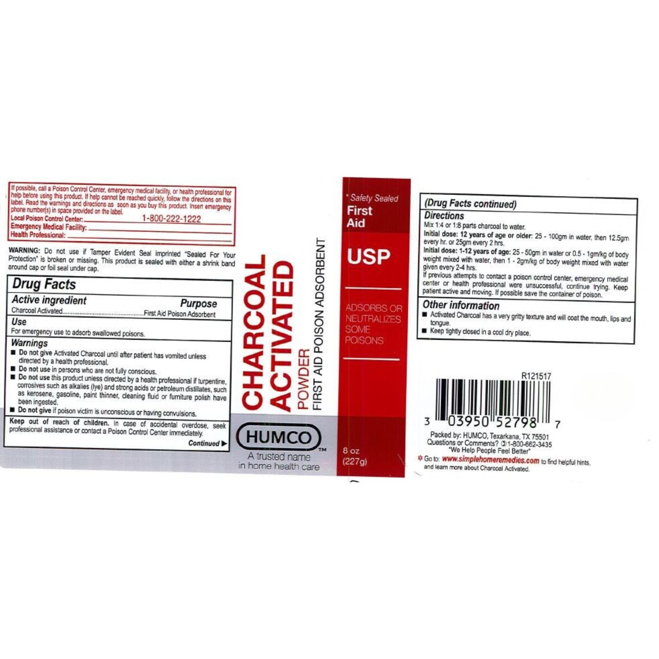 Humco 52791001 Charcoal Powder USP Activated 1 Oz, Shape