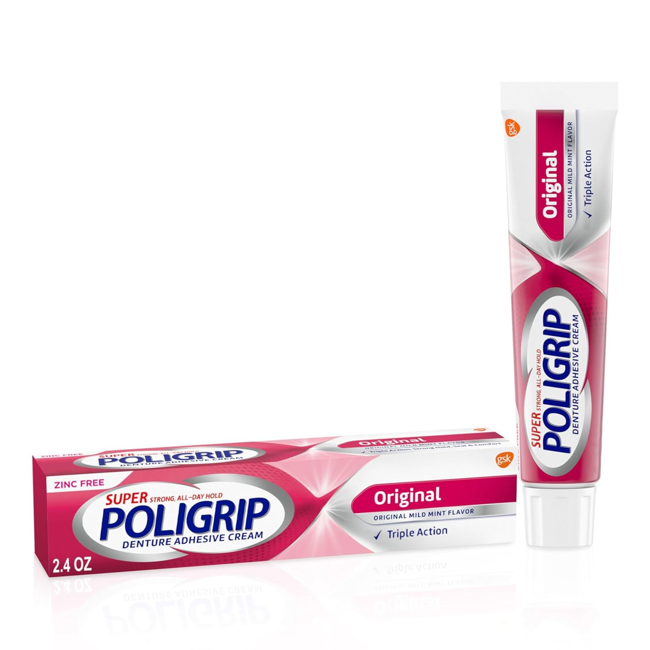 Poligrip Denture Adhesive Cream, Zinc Free, Original Mild Mint Flavor - 2.4 Ounce