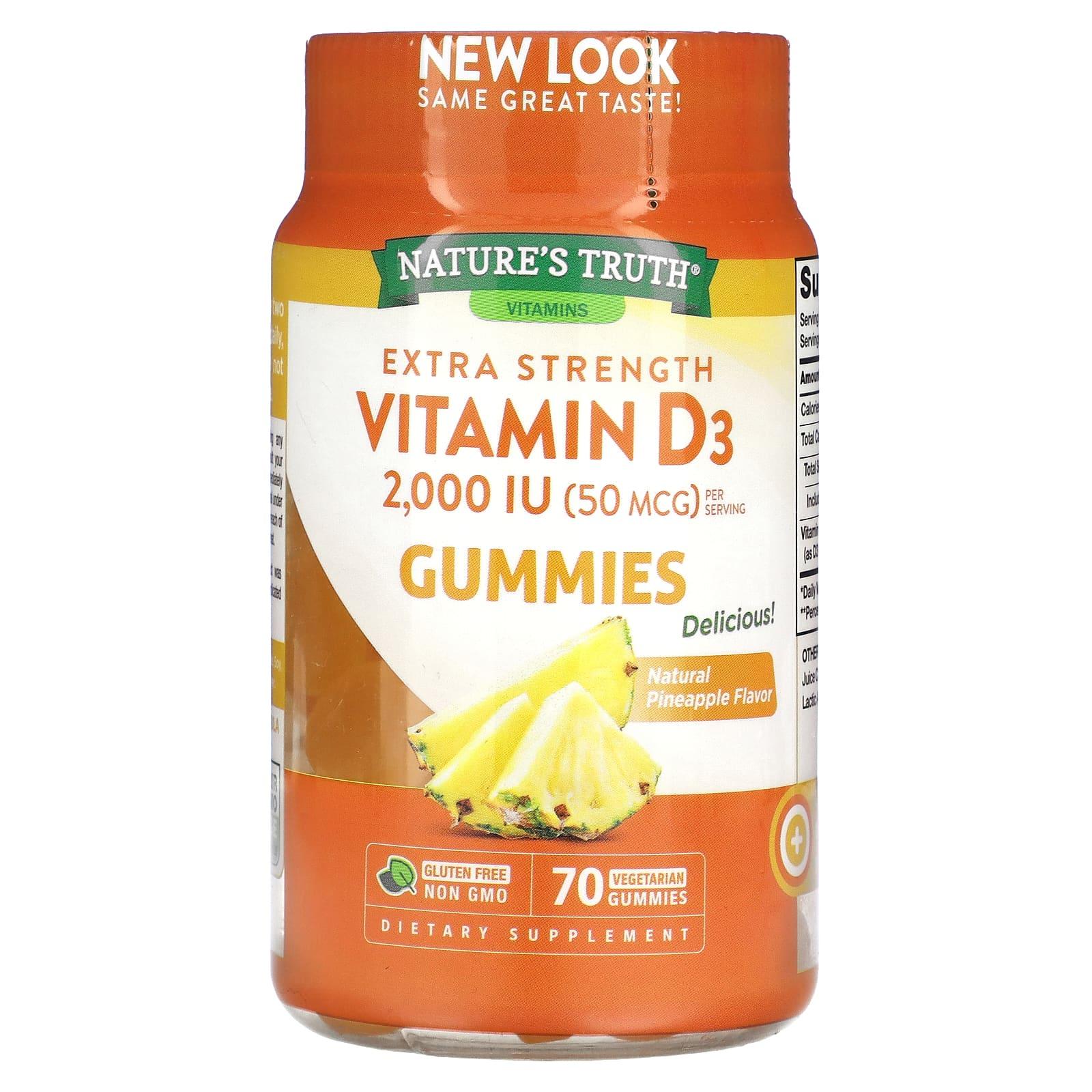 Nature's Truth Vitamin D3, Extra Strength, 50 Mcg, Vegetarian Gummies, Natural Pineapple Flavor