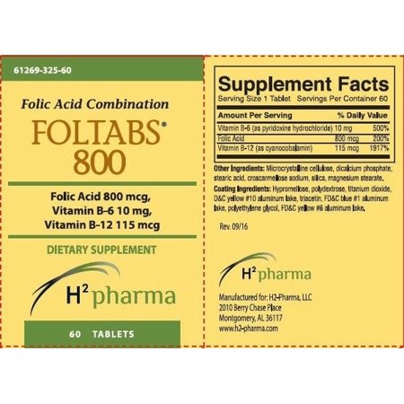 H2 Pharma Foltabs 800 Mcg, 60 Tablets
