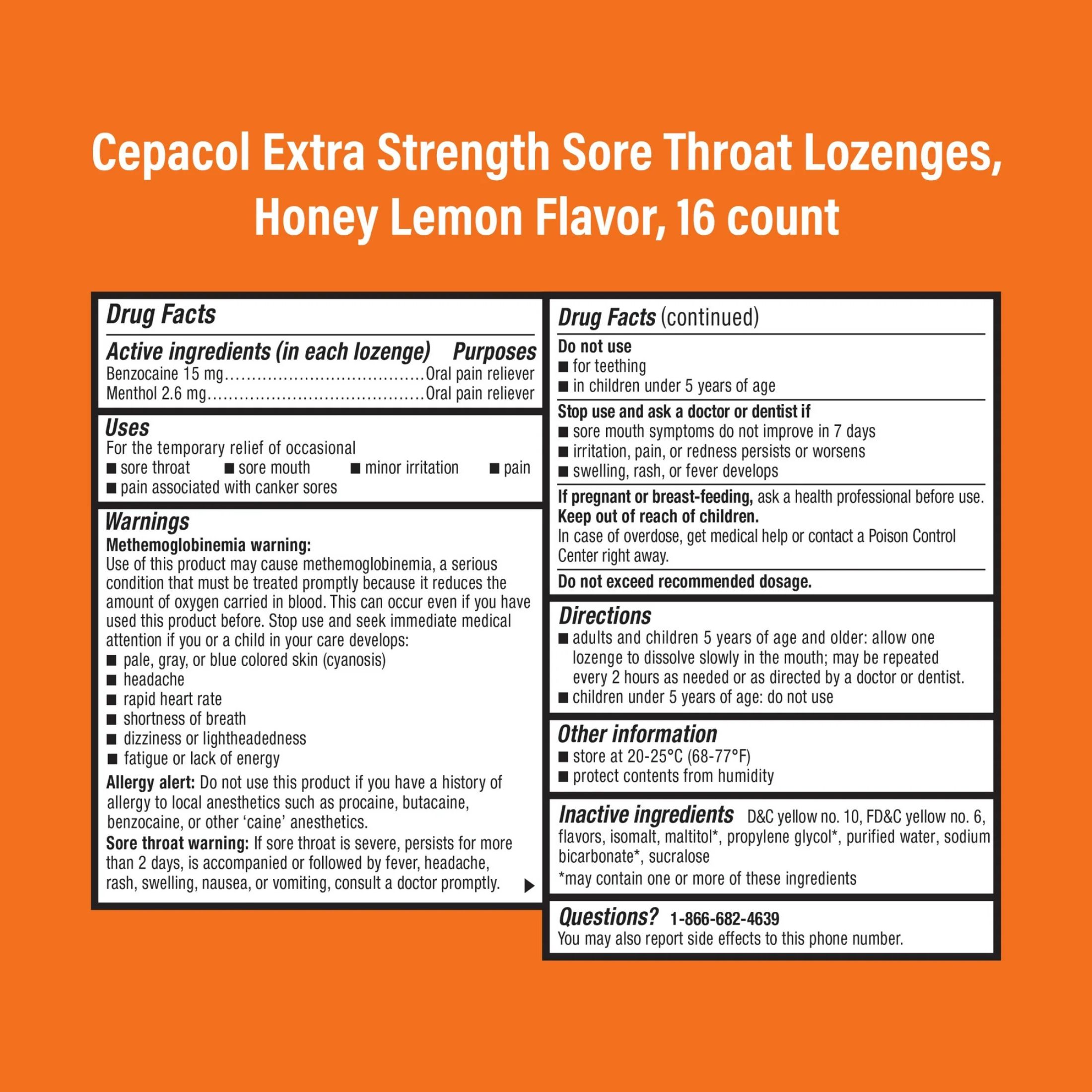 Cepacol Extra Strength Sore Throat Relief Lozenges, 16 Count, Honey Lemon Flavor