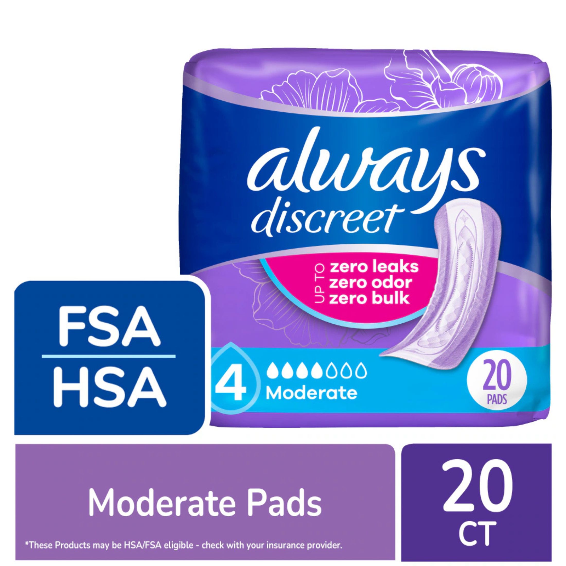 Always Discreet Adult Incontinence Pads For Women Moderate Absorbency Regular Length