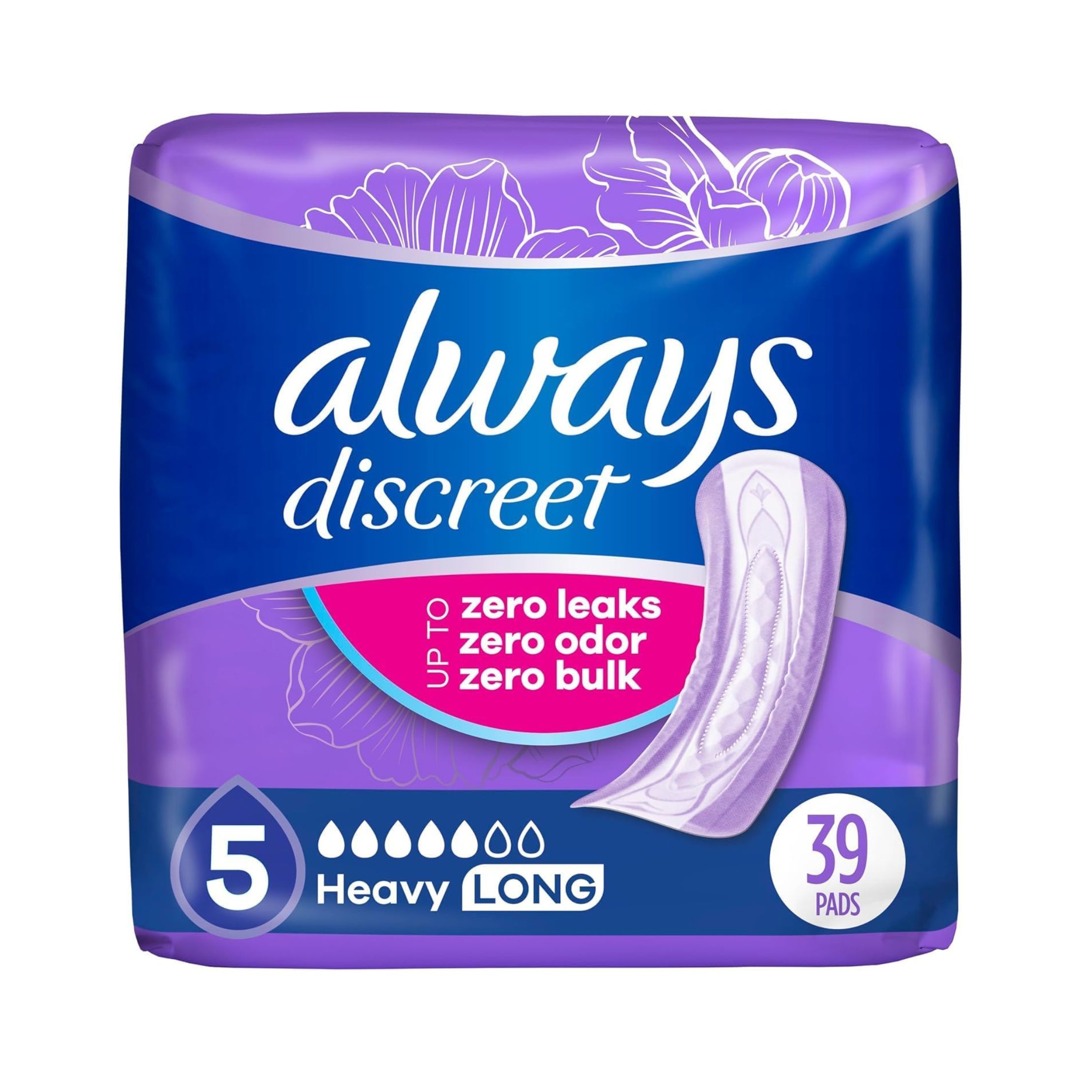 Always Discreet Incontinence Pads For Women, Heavy Absorbency, Long Length