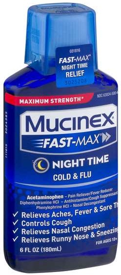 Mucinex Fast Max Maximum Strength Night Time Cold And Flu Liquid, 6 Fluid Ounce -- 6 Per Case