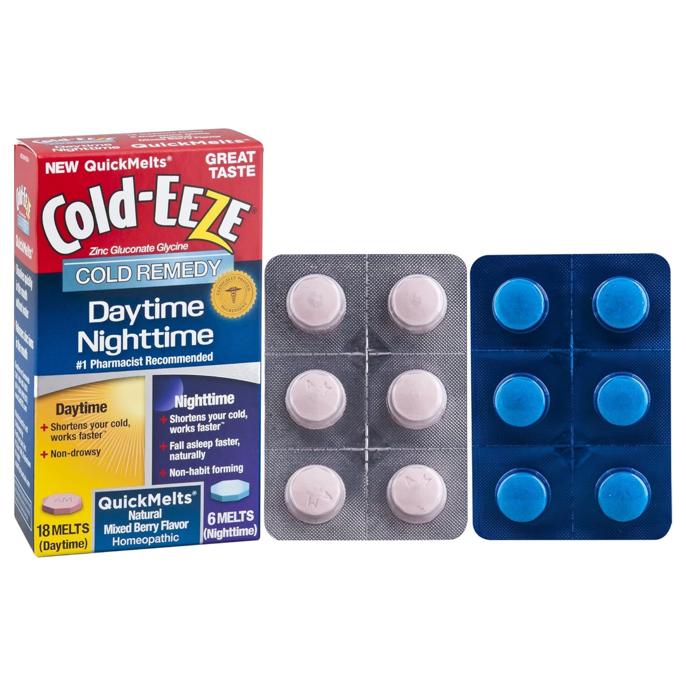 Cold-Eeze Zinc Gluconate Glycine, Daytime/Nighttime, QuickMelts, Natural Flavor Mixed Berry