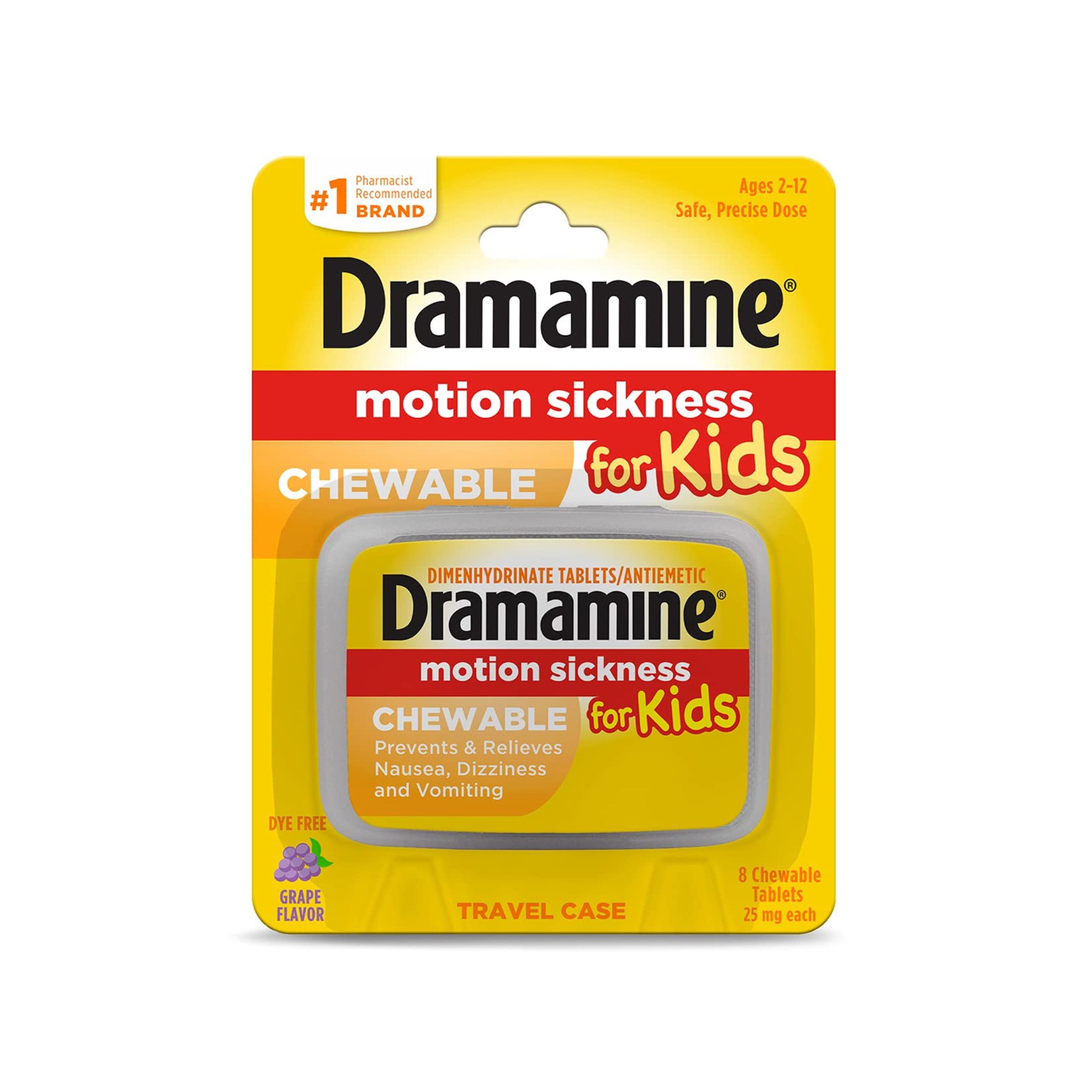 Dramamine Motion Sickness Relief, For Kids, Travel Case, Chewable Tablets, Grape Flavor