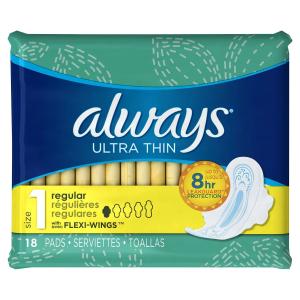 Always Ultra Thin Pads Size 1 Regular Absorbency Unscented W/wings 18s