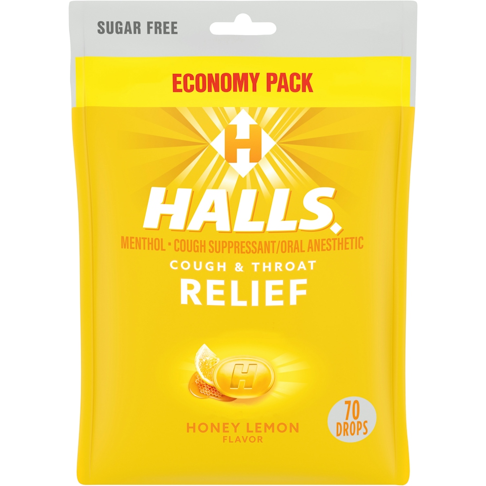 Halls Sugar Free Honey Lemon Flavor Cough & Throat Relief Economy Pack 70 Drops