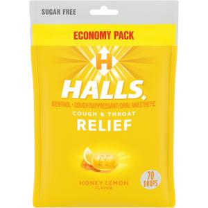 Halls Sugar Free Honey Lemon Flavor Cough & Throat Relief Economy Pack 70 Drops