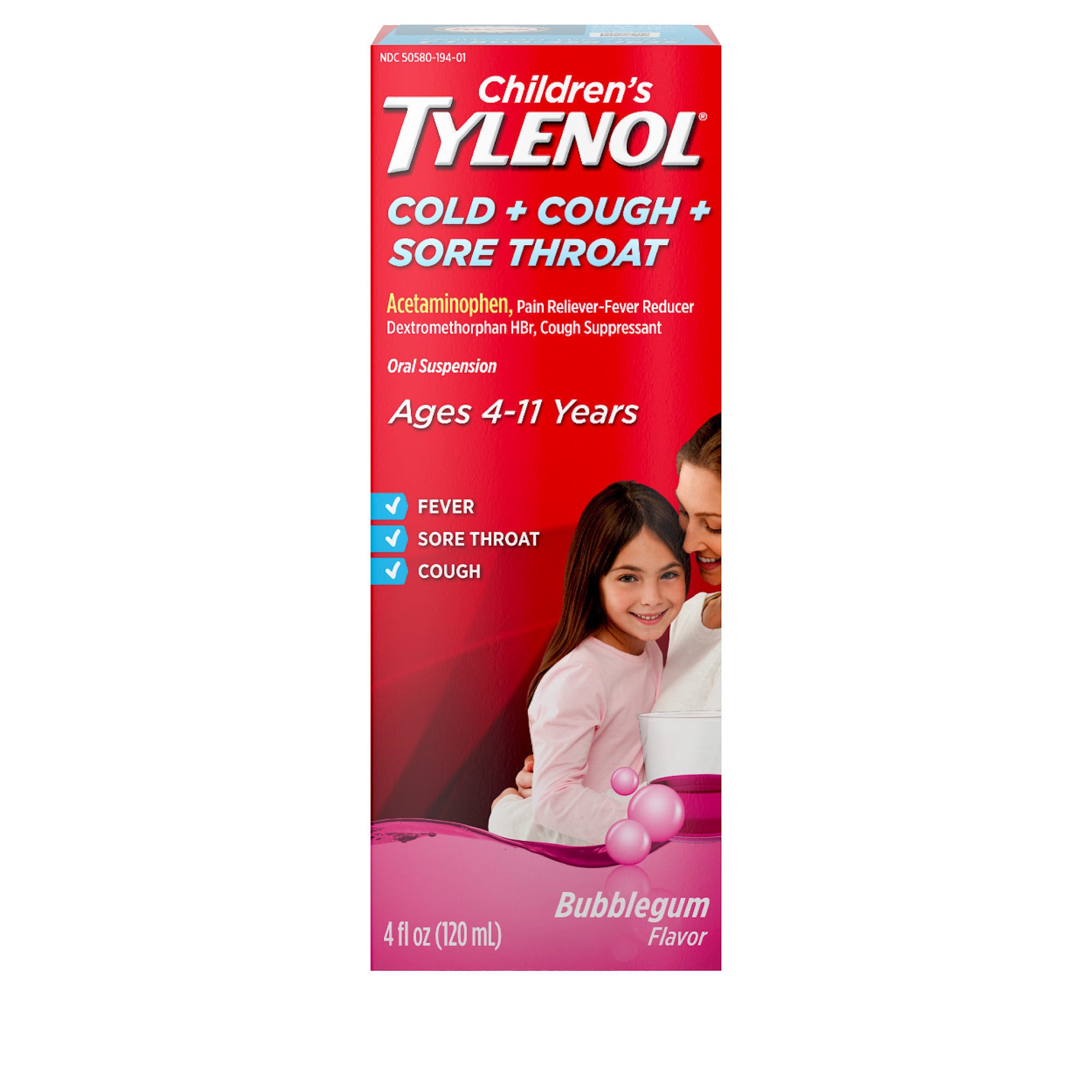 Tylenol Cold + Cough + Sore Throat, Ages 4 11 Years, Bubble Gum Flavor 4 Fl Oz