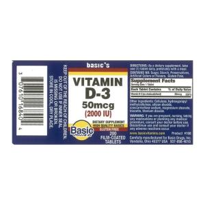 Basic's Vitamins Natural Vitamin D-3 2000 IU – 200 Film-Coated Tablets