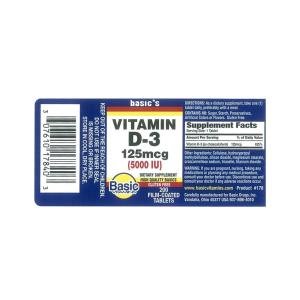 Basic Vitamins Natural Vitamin D-3 5000 IU Tablets