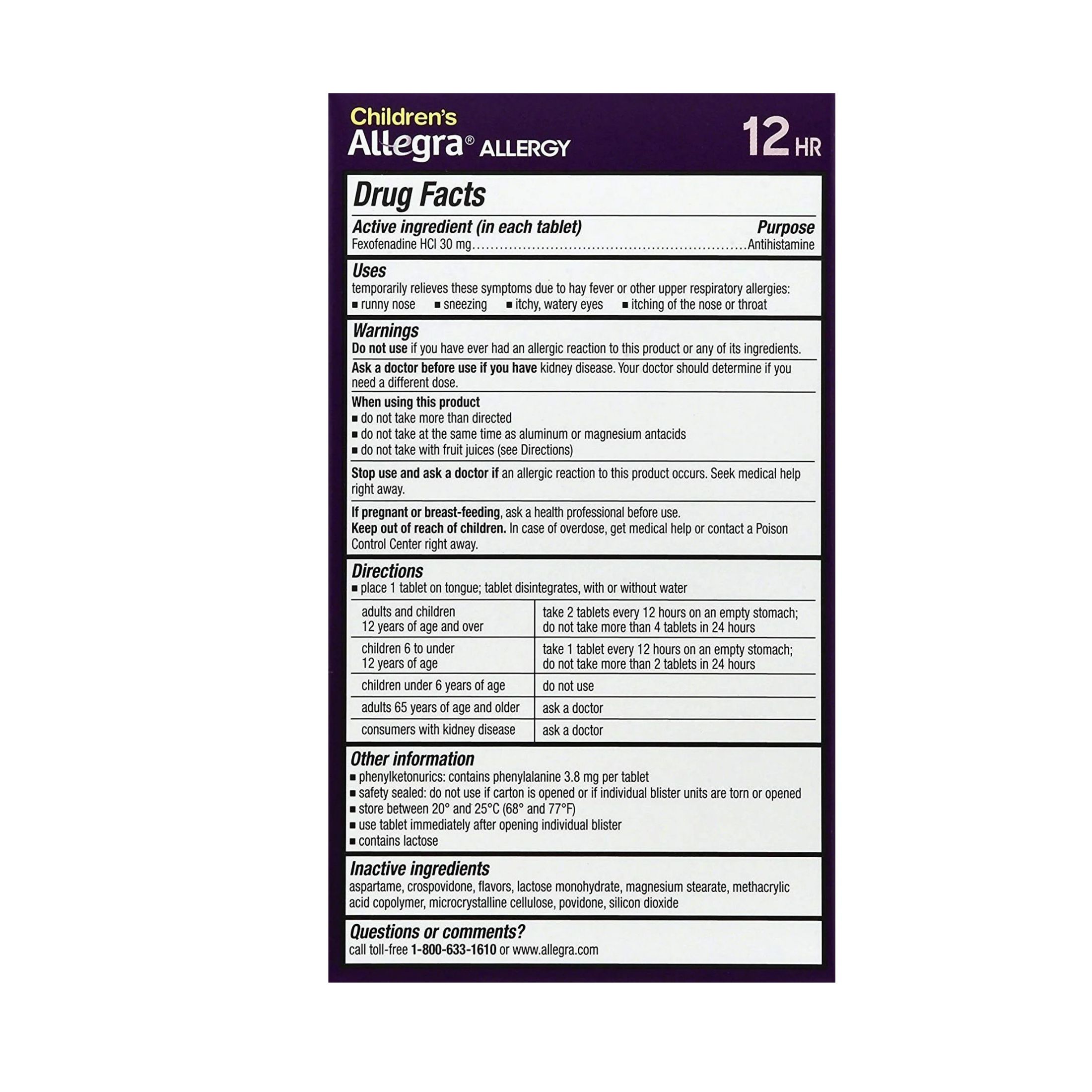 Allegra Tablets 12 Hr Non-Drowsy Indoor/Outdoor Children's Orange Cream Flavor Allergy Relief