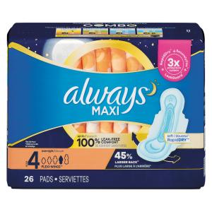 Always Maxi Pads With Wings Overnight Absorbency Size 4 Unscented