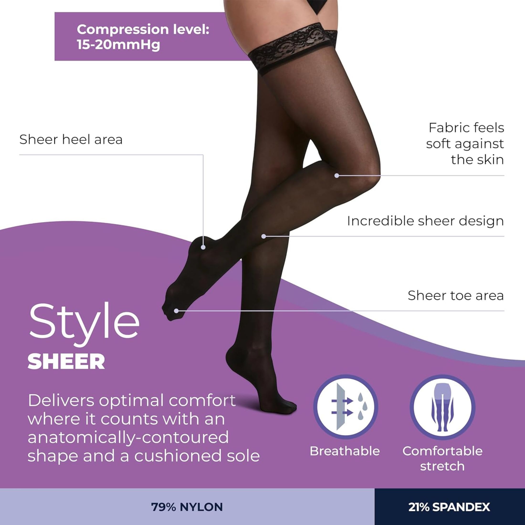 Sigvaris 120NA99 15-20 mmHg Sheer Fashion Thigh High , Size A-Black