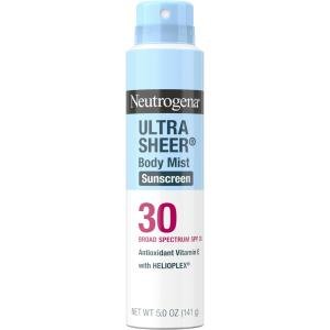 Neutrogena Ultra Sheer Body Mist Sunscreen Spray, Broad Spectrum SPF 30, Lightweight Spray Sunscreen, Non-Greasy & Water Resistant, Oil-Free & Non-Comedogenic U
