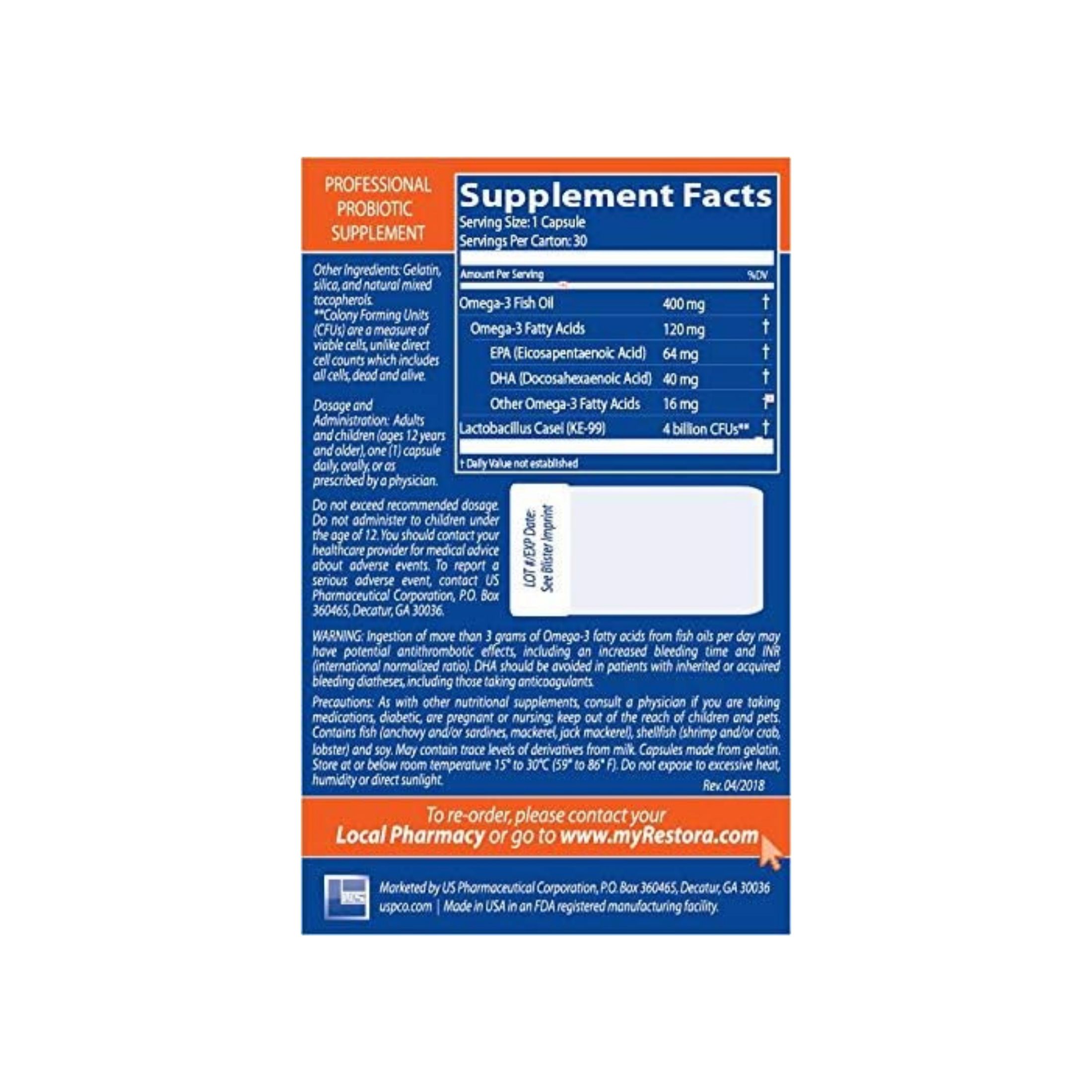 Restora Probiotic Supplement 30 Caps By US Pharmaceutical Corporation
