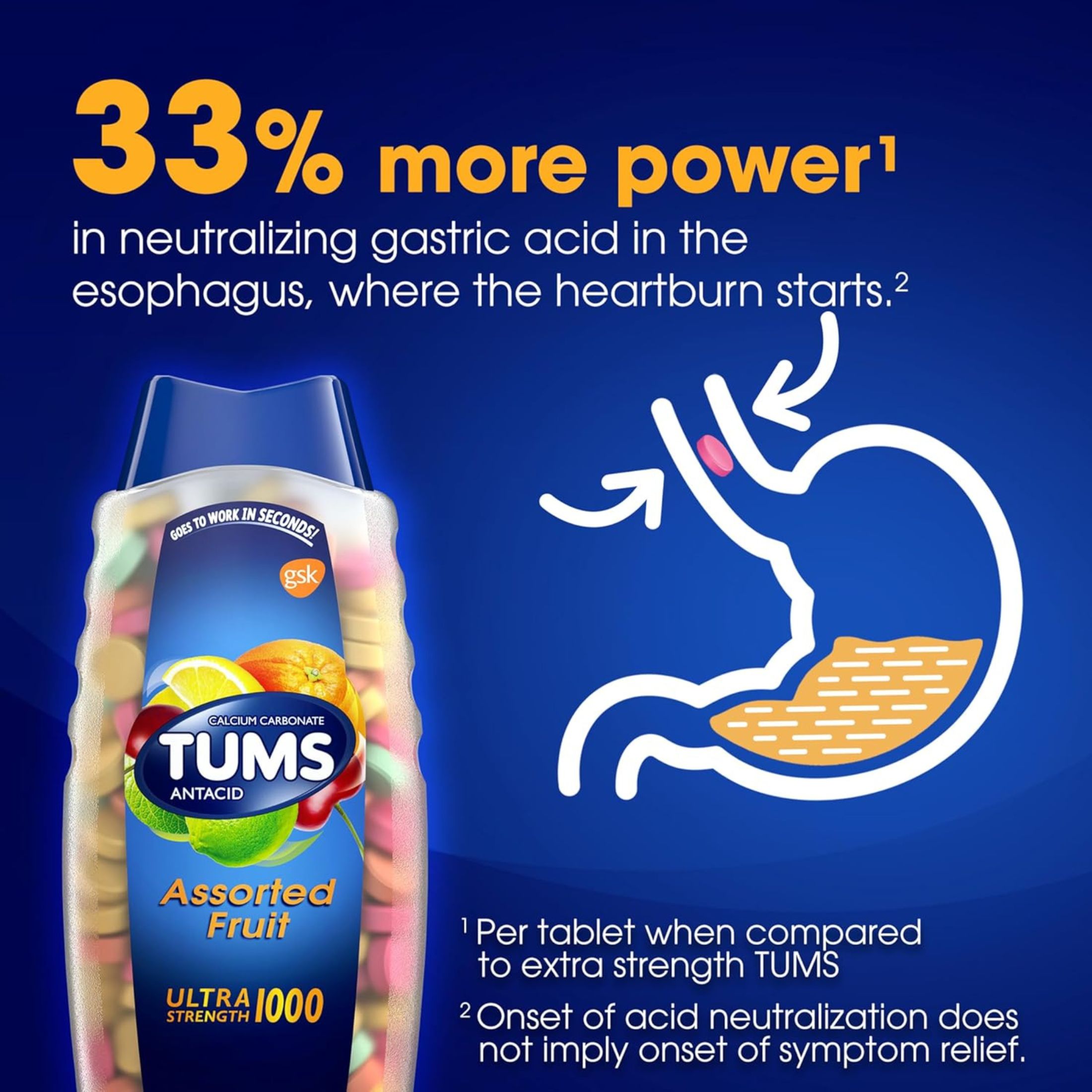 Tums 74610 Ultra Strength Assorted Fruit Antacid Chewable Tablet For Heartburn Relief