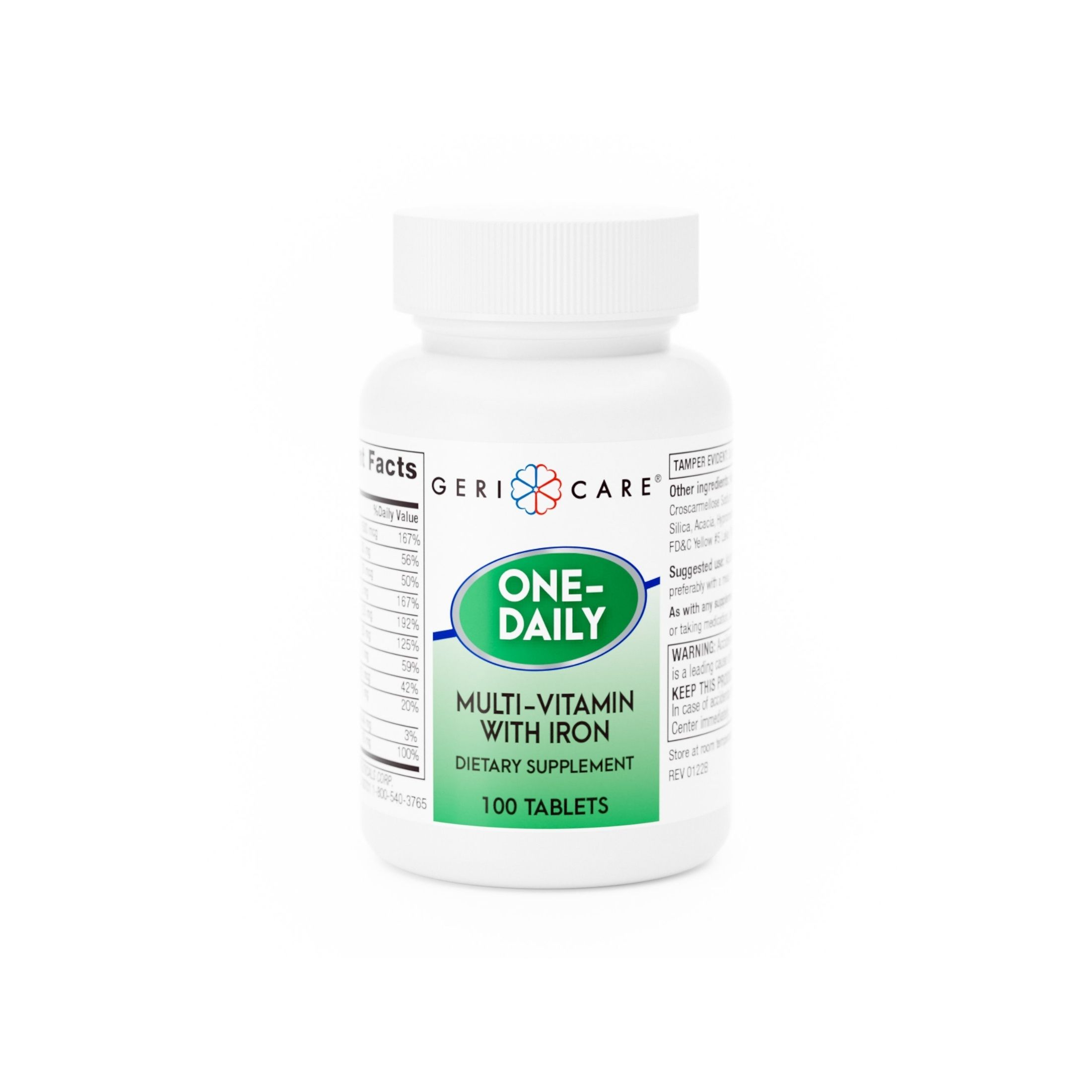 McKesson Geri-Care Multivitamin With Iron Supplement, Unflavored, 100 Tablets Per Bottle, 1 Count, #521-01-GCP