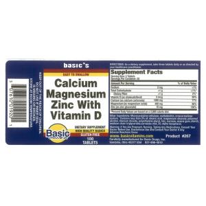 Basic Vitamins Natural Calcium Magnesium With Zinc - 100 Tabs