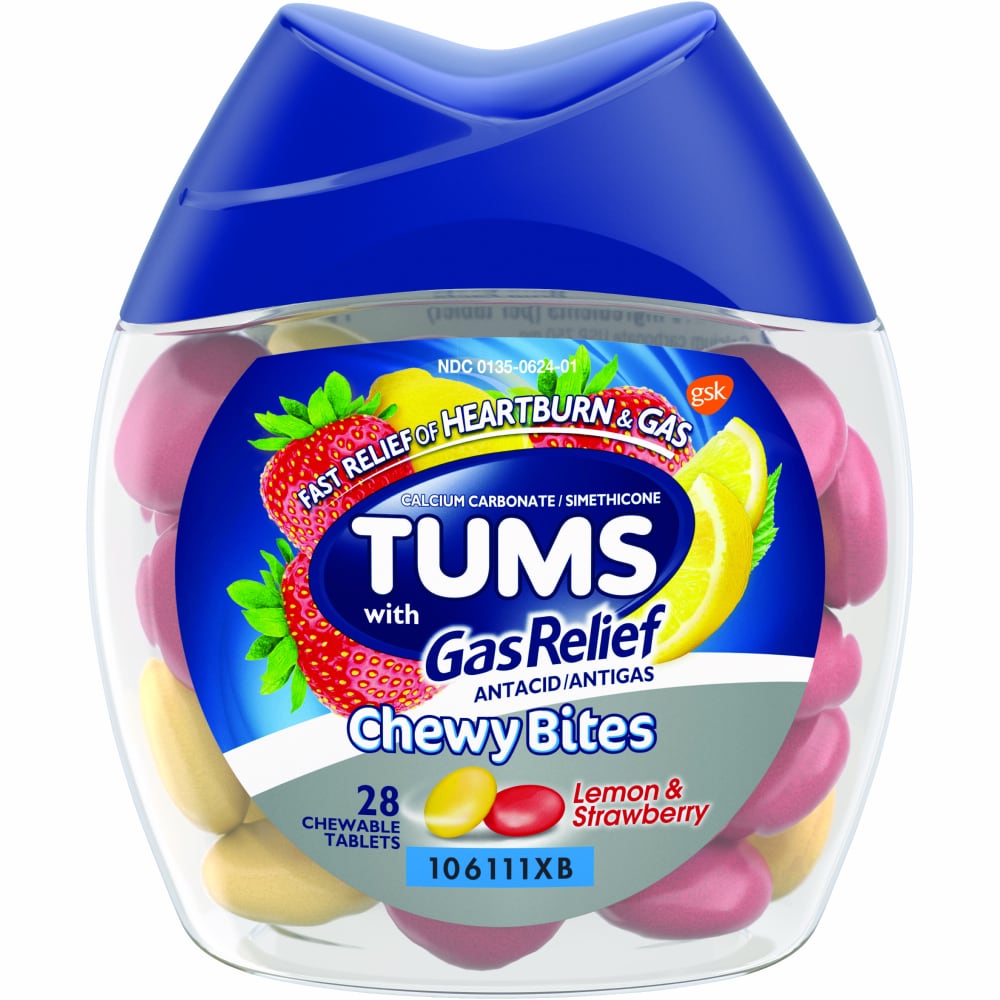 Tums Chewy Bites Chewable Antacid Tablets With Gas Relief, Lemon/Strawberry