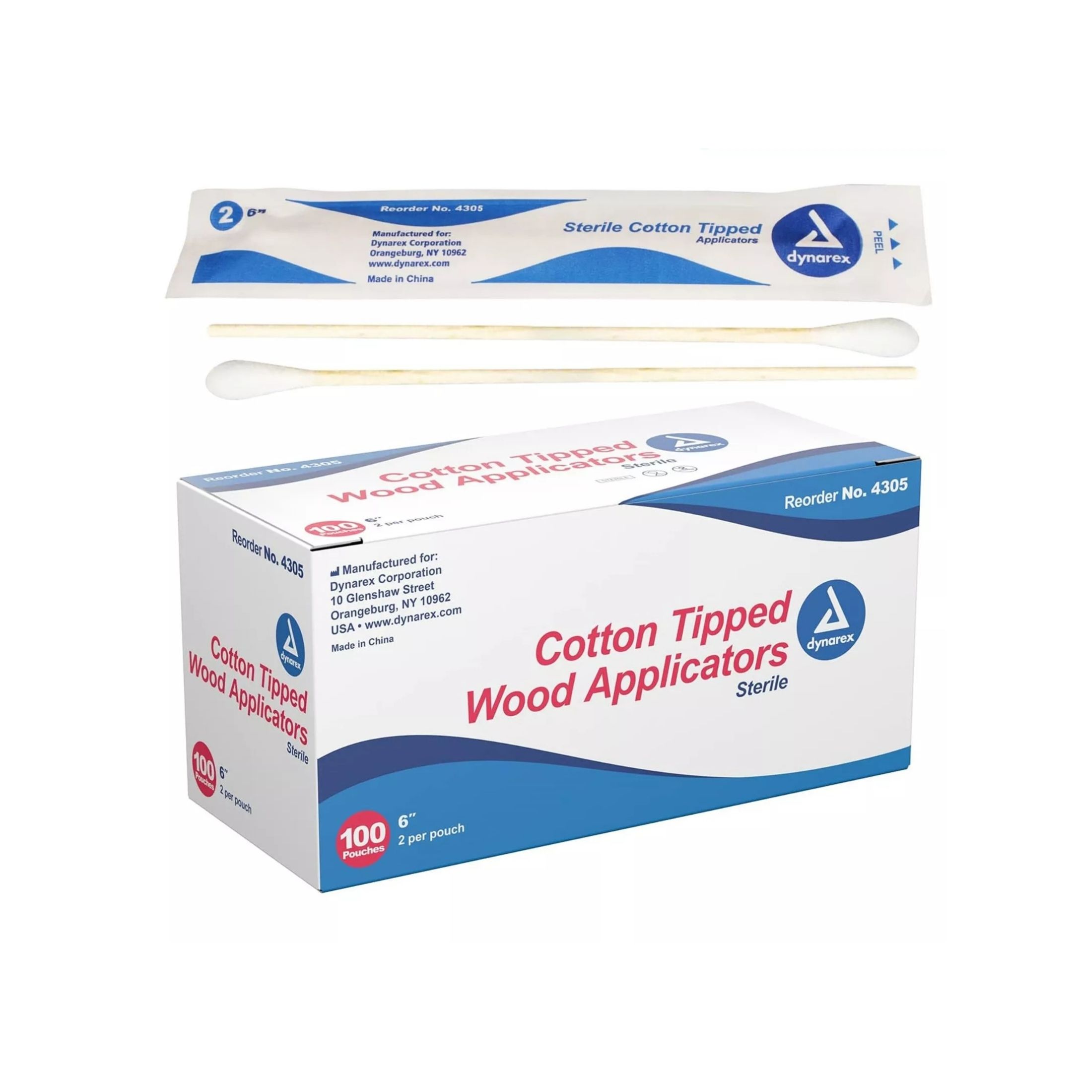 Dynarex Cotton Tipped Wood Applicators 6” 2 Per Pouch, 100 Pouches