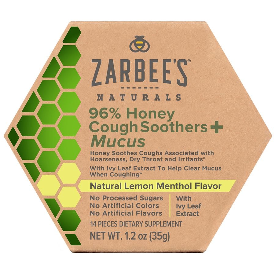 Zarbee's Naturals 96 Honey Cough Soothers + Mucus With Ivy Leaf Extract, Lemon Menthol Flavor