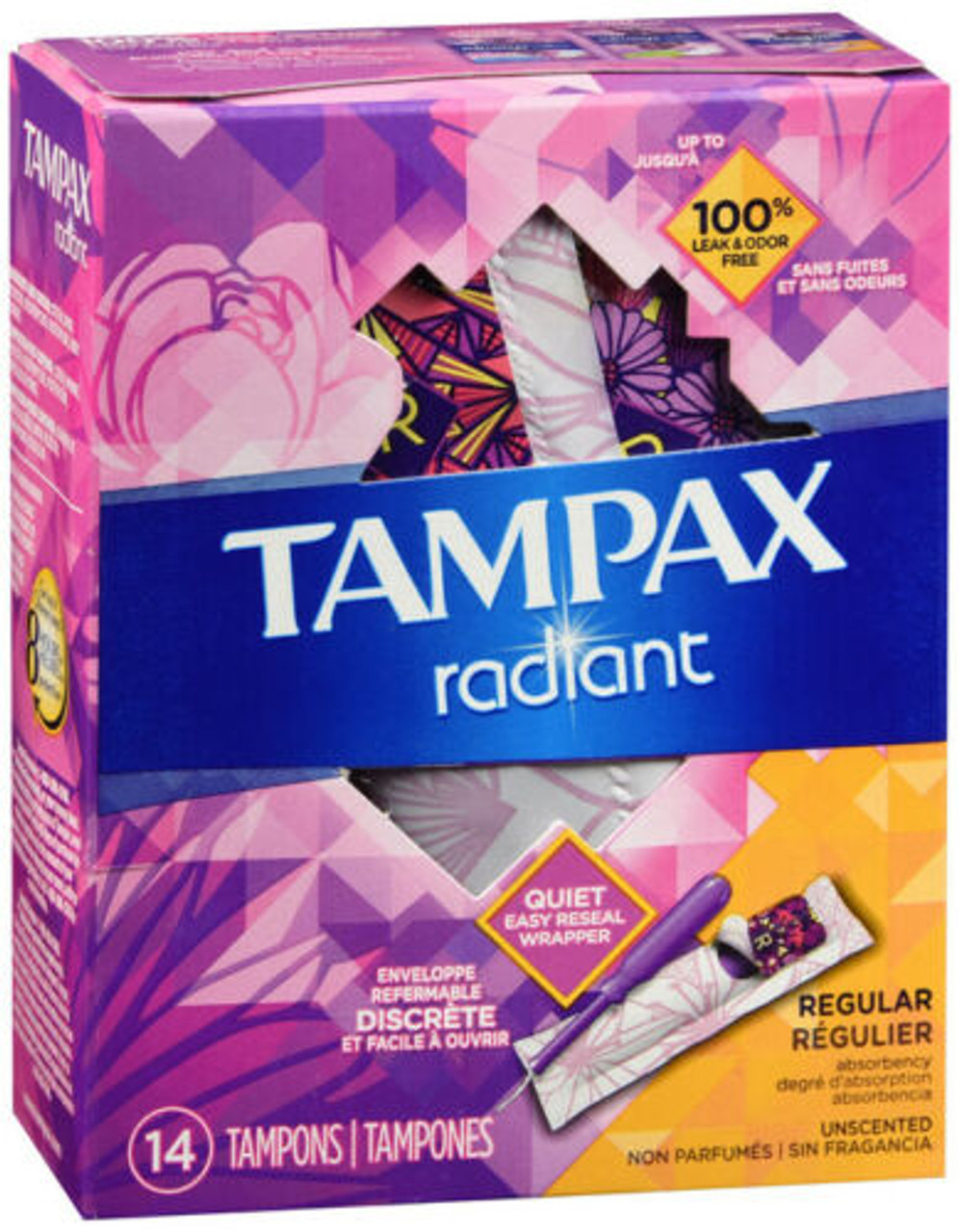 Tampax Radiant Tampons Regular Absorbency With Bpa Free Plastic Applicator And Leak Guard Braid, Unscented