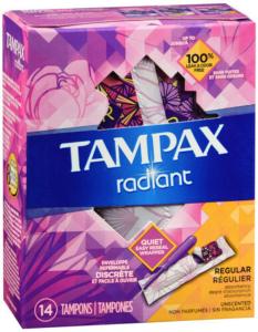 Tampax Radiant Tampons Regular Absorbency With Bpa Free Plastic Applicator And Leak Guard Braid, Unscented