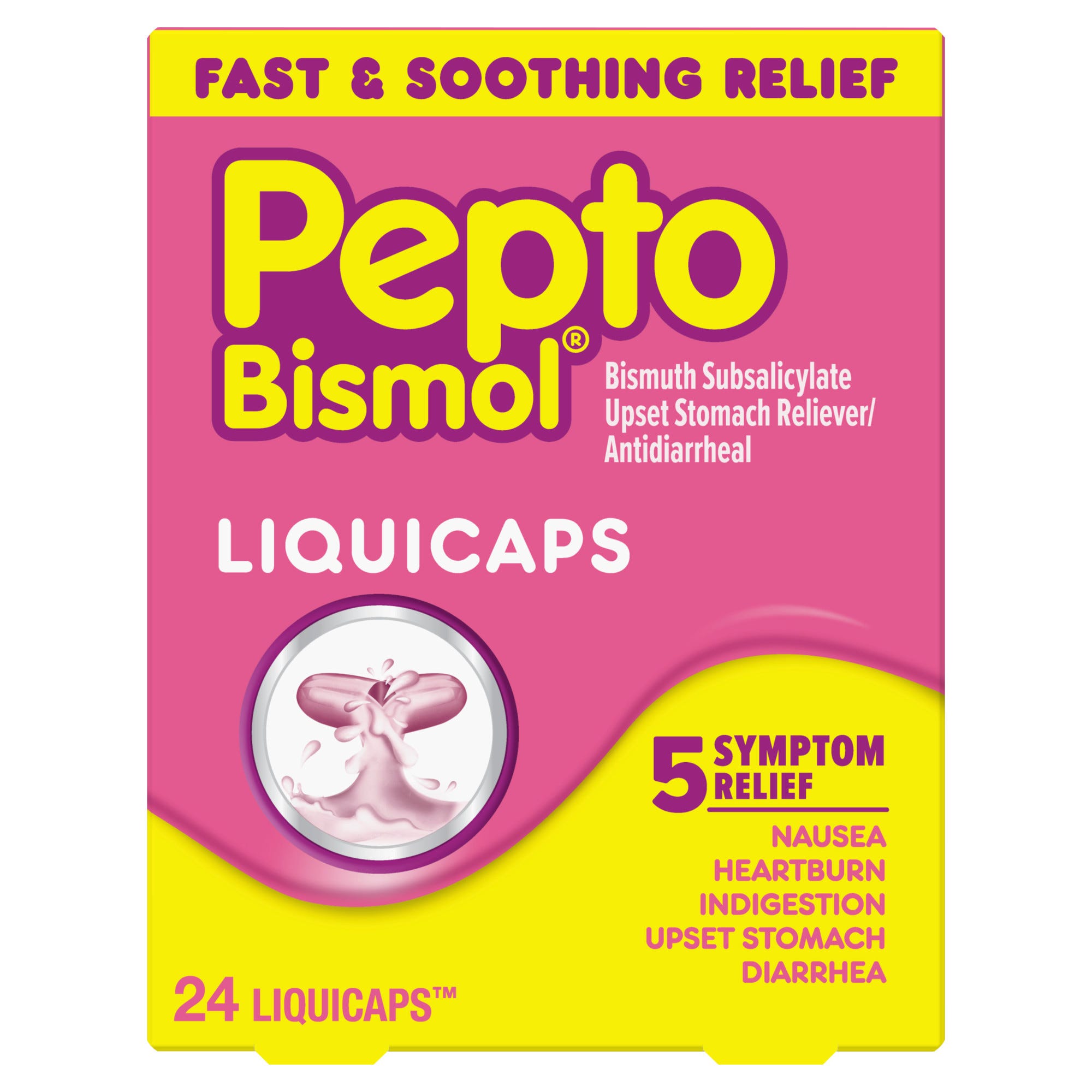 Pepto Bismol LiquiCaps (24 Count), Rapid Relief From Nausea, Heartburn, Indigestion, Upset Stomach, Diarrhea