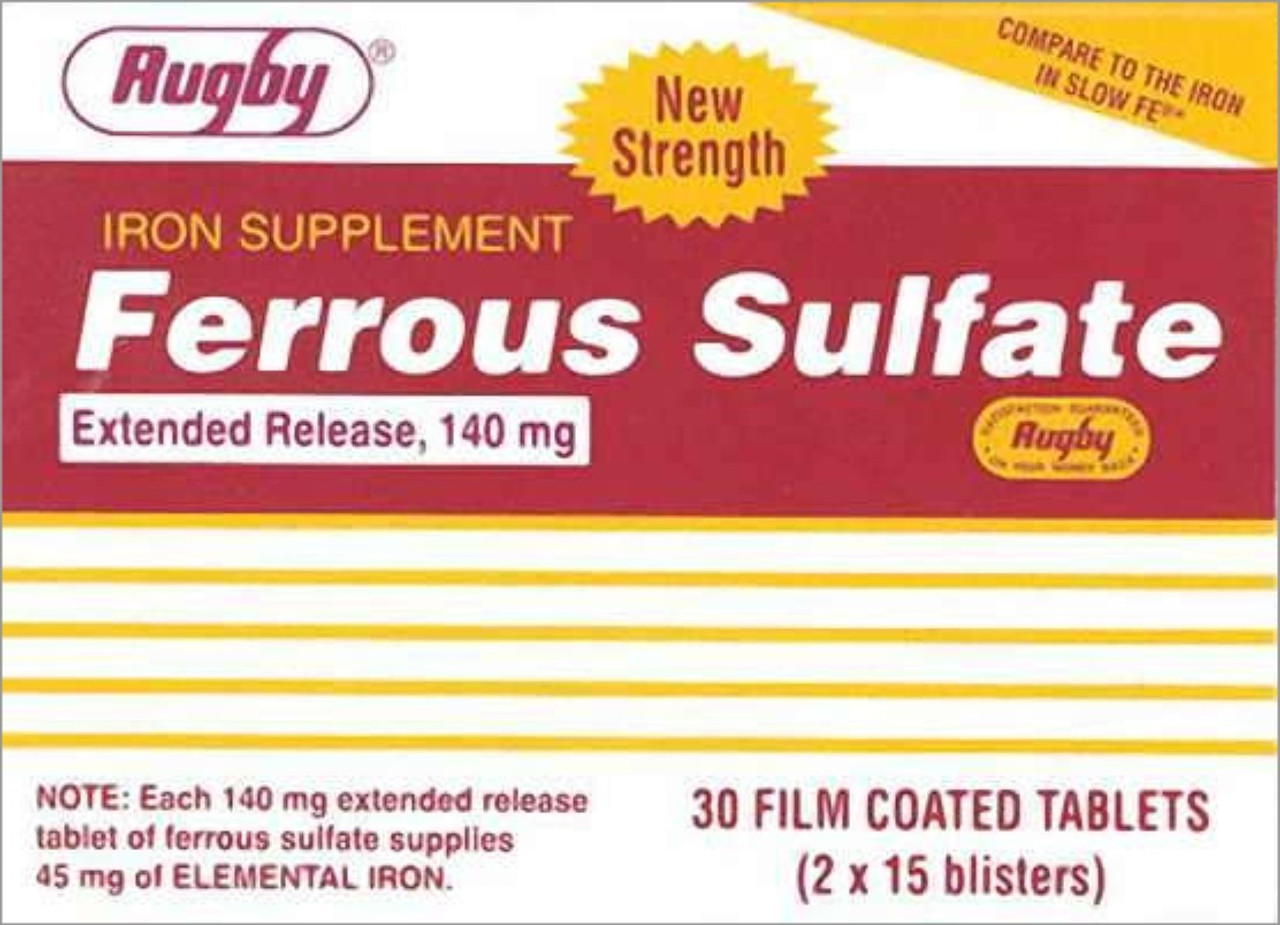 Rugby Iron Ferrous Sulfate Slow Release 45mg Tablets 30 Counts
