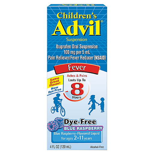Advil Children's Suspension Ibuprofen Fever Reducer, Dye-Free, Liquid Pain Medicine Blue Raspberry