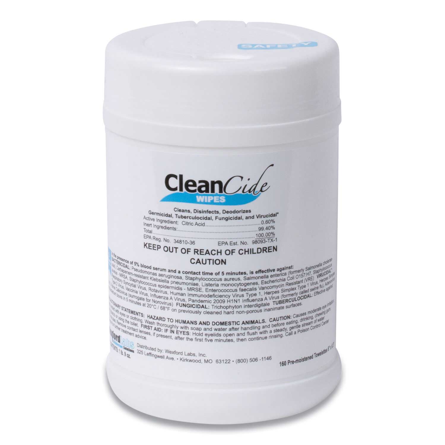 Wexford Labs CleanCide Disinfecting Wipes, 6.5 X 6, Fresh Scent, 160/Canister
