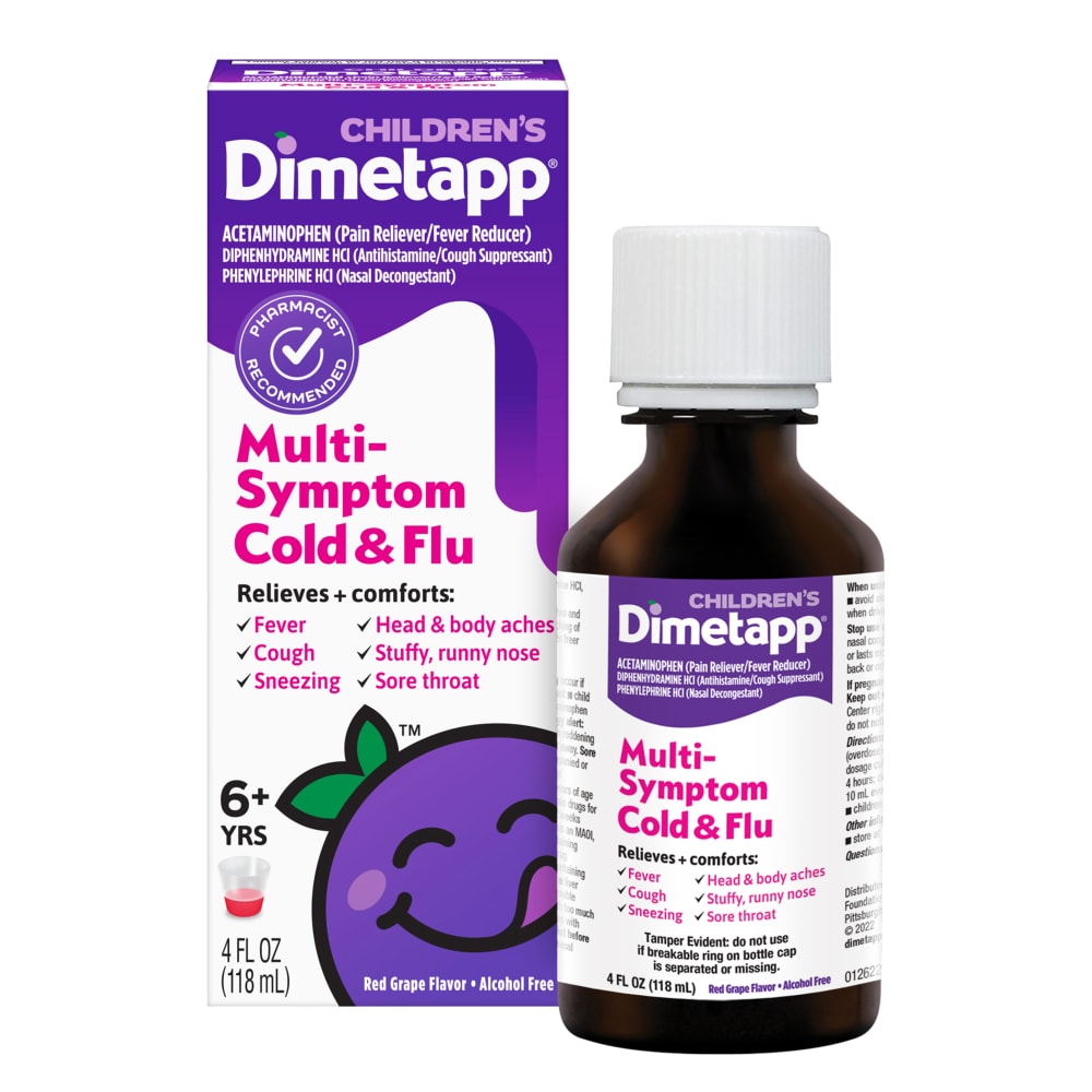 Dimetapp Cold & Flu, Multi Symptom, Children's, Red Grape Flavor, 6+ Yrs 4 Fl Oz
