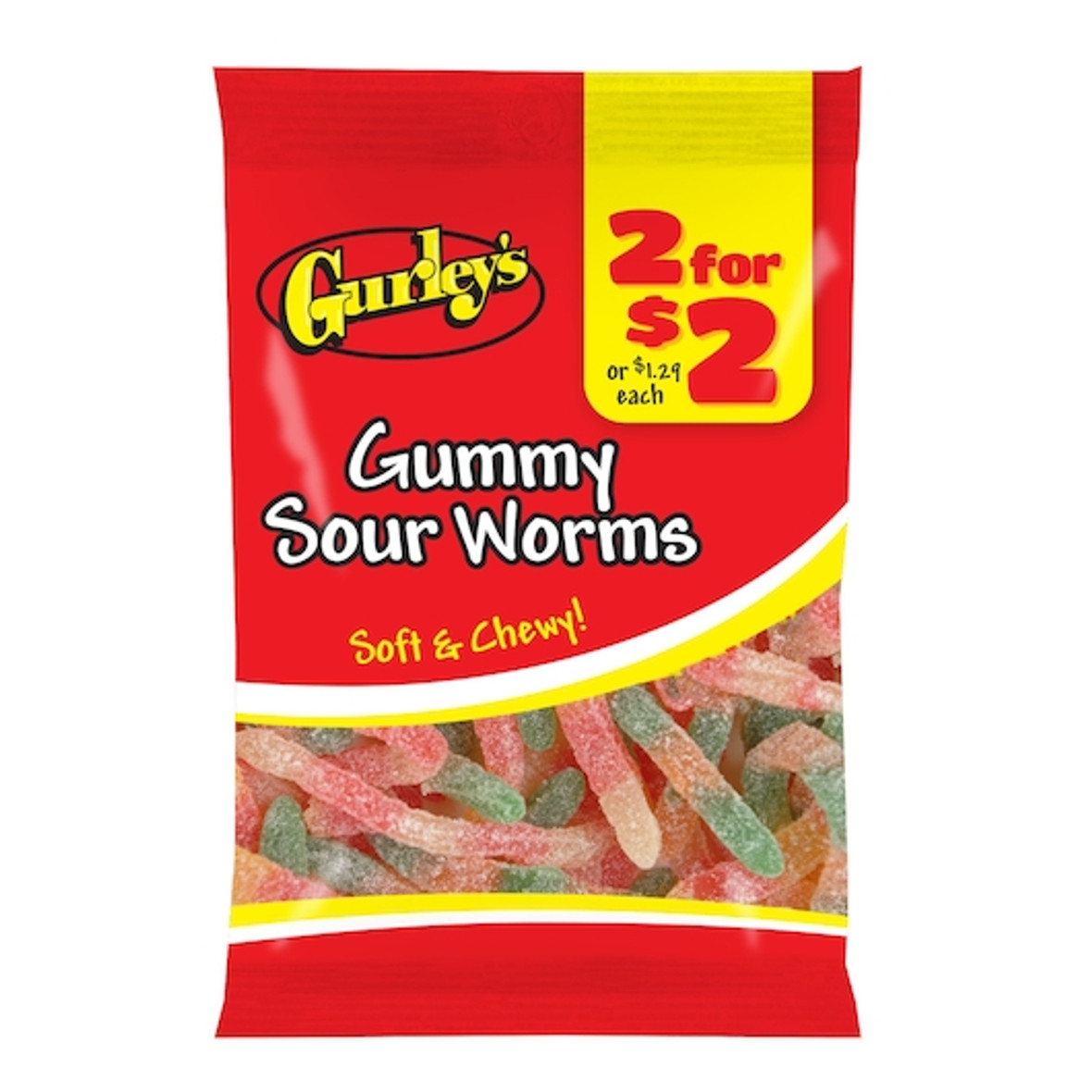 Gurley's 2 For $2 Sour Gummy Worms, 3.75 Each, 12 Per Case