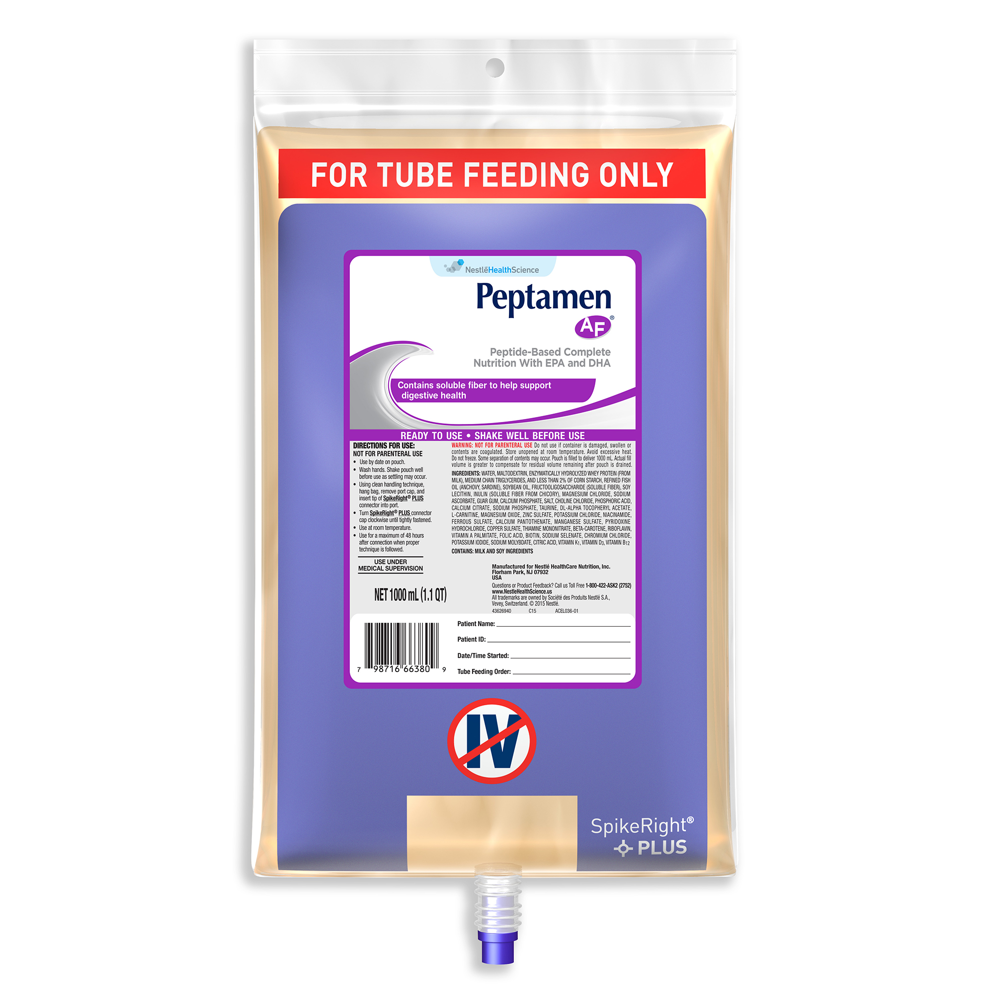 Nestle Tube Feeding Peptamen AF Unflavored 1000 mL, 6EA/CS
