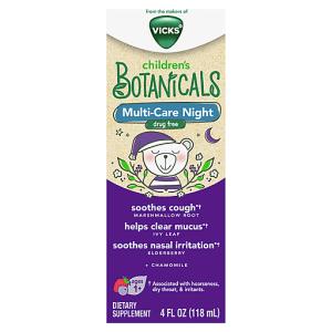 Vicks Children’s Botanicals Cough Syrup + Mucus + Nasal*, Night, Drug Free, Free Of Medicine, Delicious Kids’ Berry Flavor, 4 Fl Oz, Ages 1